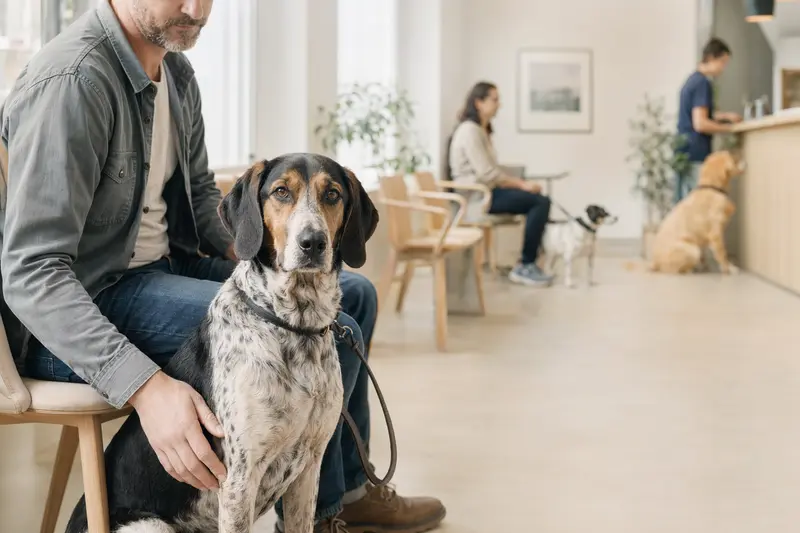 Ein Jura Typ St. Hubert Laufhund sitzt ruhig neben seinem Besitzer im hellen Wartezimmer einer modernen Tierarztpraxis.